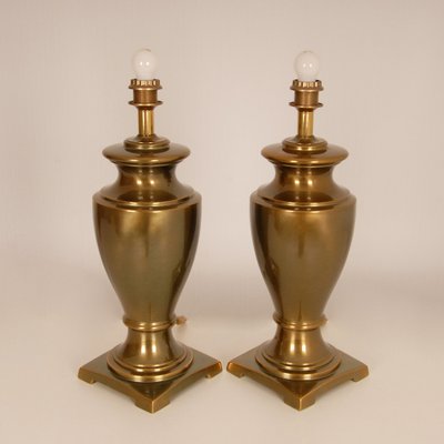 Large Mid-Century Gold Brass Table Lamps & Silk Lampshades, Set of 2-GOE-1152877