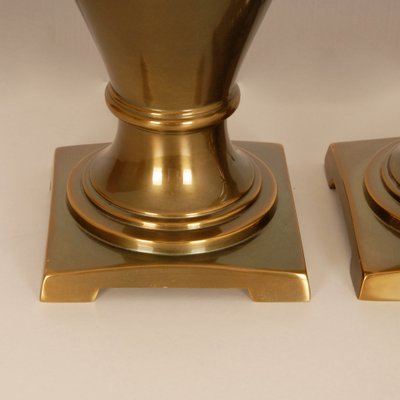 Large Mid-Century Gold Brass Table Lamps & Silk Lampshades, Set of 2-GOE-1152877