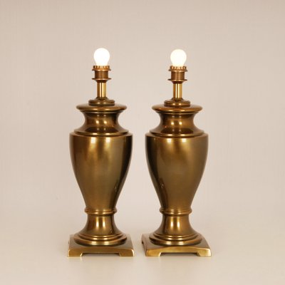 Large Mid-Century Gold Brass Table Lamps & Silk Lampshades, Set of 2-GOE-1152877