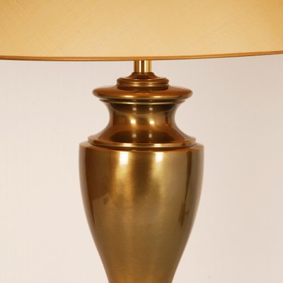 Large Mid-Century Gold Brass Table Lamps & Silk Lampshades, Set of 2-GOE-1152877