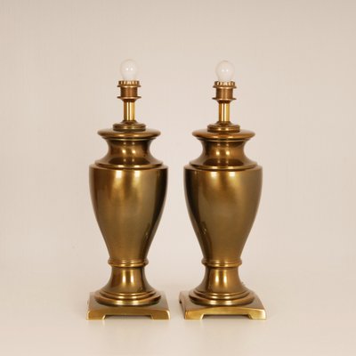 Large Mid-Century Gold Brass Table Lamps & Silk Lampshades, Set of 2-GOE-1152877