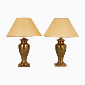 Large Mid-Century Gold Brass Table Lamps & Silk Lampshades, Set of 2-GOE-1152877