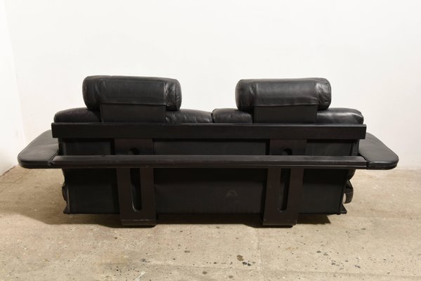 Large Mid-Century Italian Black Leather Lounge Sofa, 1980s-KL-620435