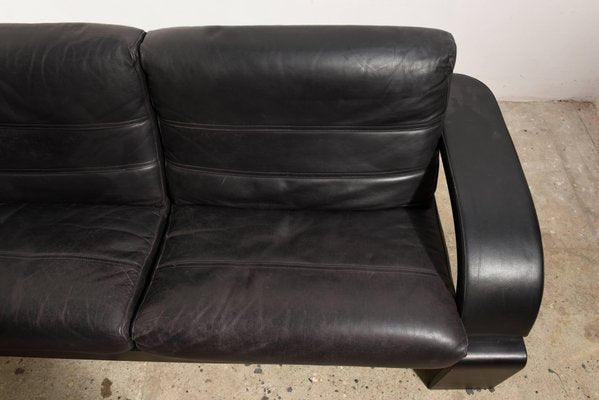 Large Mid-Century Italian Black Leather Lounge Sofa, 1980s-KL-620435