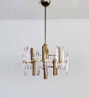 Large Mid-Century Italian Brass and Crystal Glass Chandelier attributed to Gaetano Sciolari, 1970s-VNE-1401212