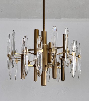 Large Mid-Century Italian Brass and Crystal Glass Chandelier attributed to Gaetano Sciolari, 1970s-VNE-1401212