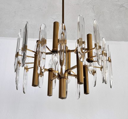 Large Mid-Century Italian Brass and Crystal Glass Chandelier attributed to Gaetano Sciolari, 1970s-VNE-1401212