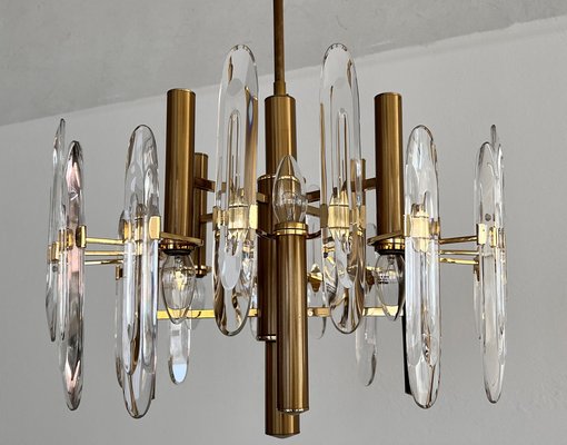 Large Mid-Century Italian Brass and Crystal Glass Chandelier attributed to Gaetano Sciolari, 1970s-VNE-1401212