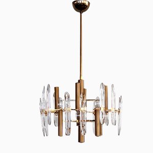 Large Mid-Century Italian Brass and Crystal Glass Chandelier attributed to Gaetano Sciolari, 1970s-VNE-1401212