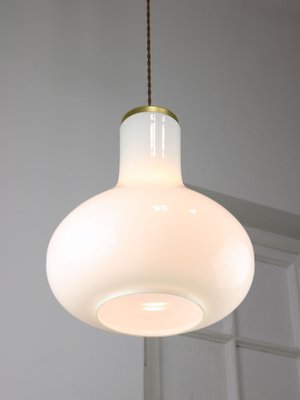 Large Mid-Century Italian Brass and Opaline Glass Pendant Lamp-HGJ-1757152