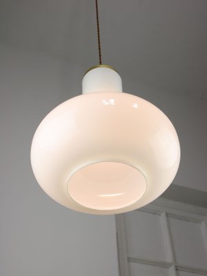 Large Mid-Century Italian Brass and Opaline Glass Pendant Lamp-HGJ-1757152