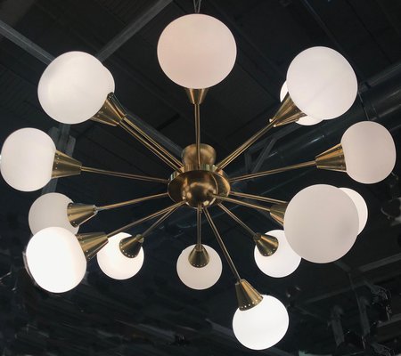 Large Mid-Century Italian Brass & Opaline Murano Glass Sputnik Chandelier-MBH-1032407