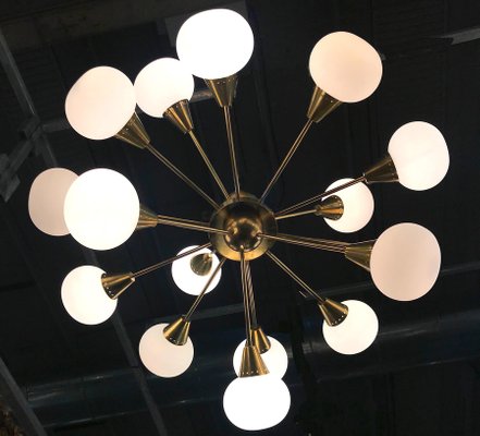 Large Mid-Century Italian Brass & Opaline Murano Glass Sputnik Chandelier-MBH-1032407