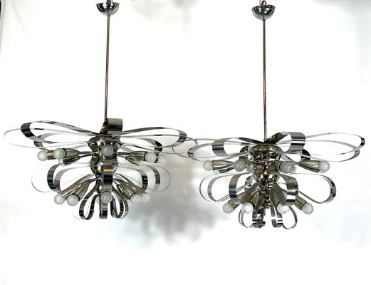 Large Mid-Century Italian Chrome Chandeliers, 1970s, Set of 2-OT-1130565