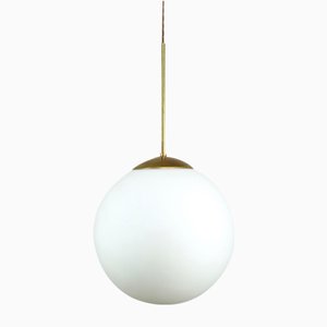 Large Mid-Century Italian Opaline & Brass Sphere Pendant Lamp-HGJ-1787641