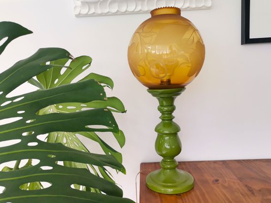 Large Mid-Century Italian Yellow & Green Wood and Glass Table Lamp-SCS-1022729