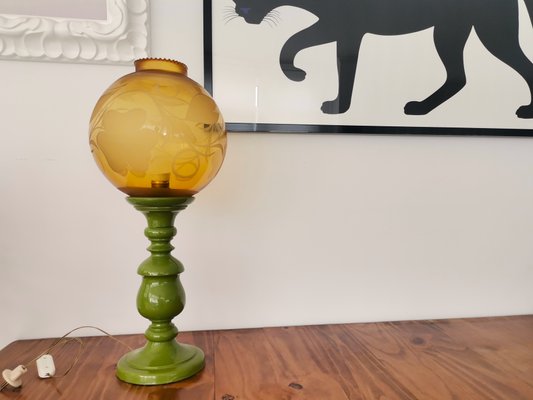 Large Mid-Century Italian Yellow & Green Wood and Glass Table Lamp-SCS-1022729