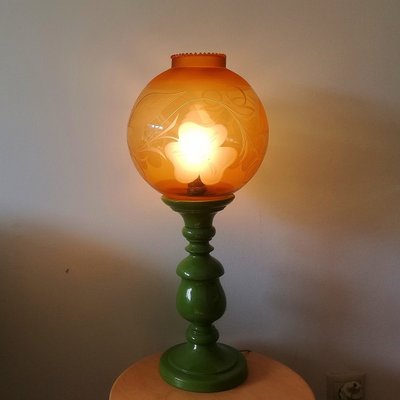 Large Mid-Century Italian Yellow & Green Wood and Glass Table Lamp-SCS-1022729