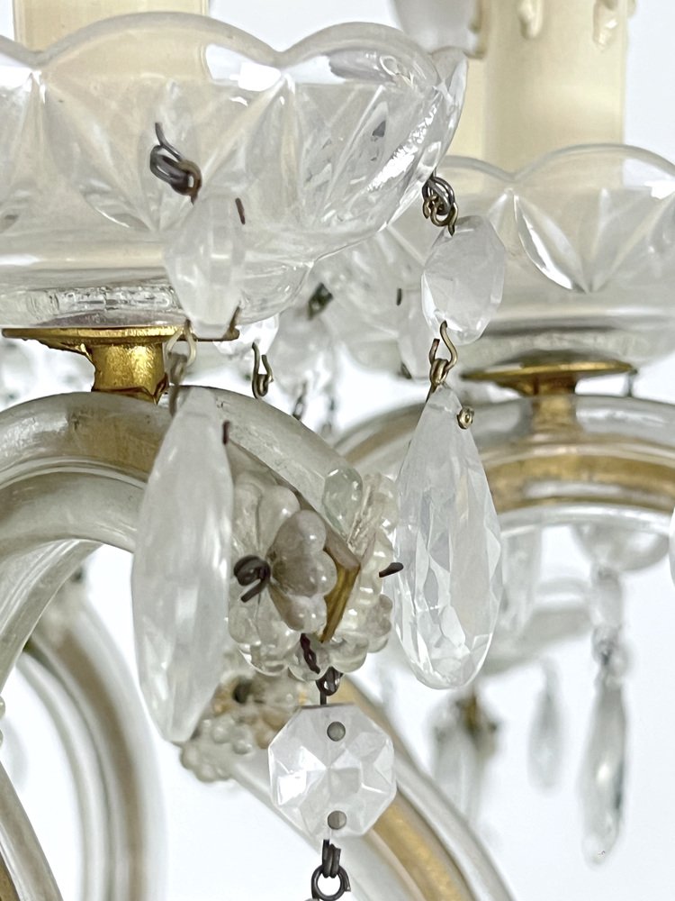 Large Mid-Century Maria Teresa Crystal and Brass Chandelier, Italy, 1940s