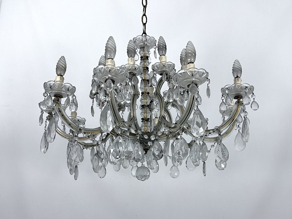 Large Mid-Century Maria Teresa Crystal and Brass Chandelier, Italy, 1940s