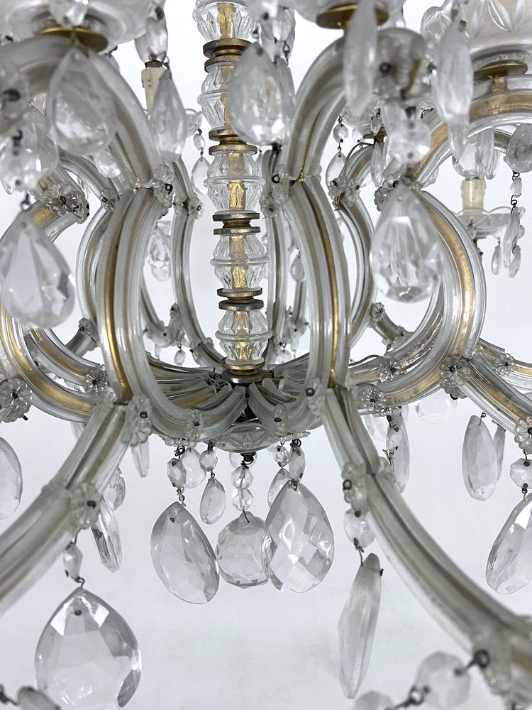 Large Mid-Century Maria Teresa Crystal and Brass Chandelier, Italy, 1940s