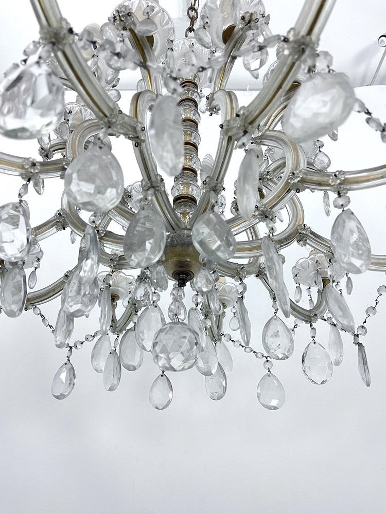 Large Mid-Century Maria Teresa Crystal and Brass Chandelier, Italy, 1940s