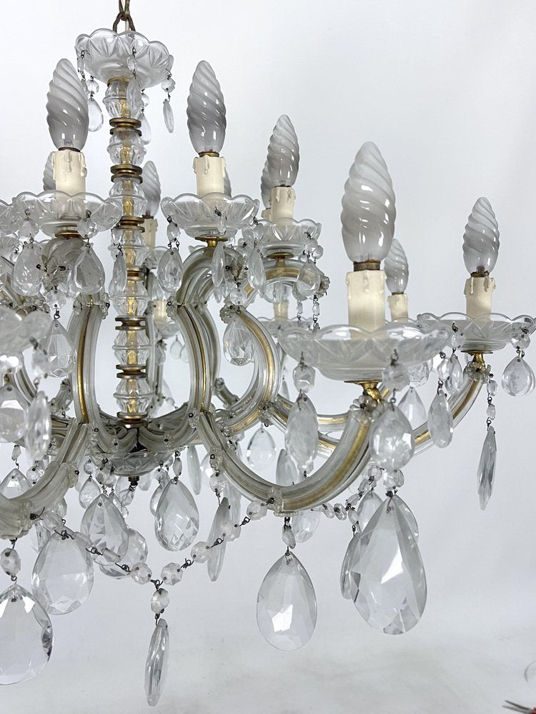 Large Mid-Century Maria Teresa Crystal and Brass Chandelier, Italy, 1940s