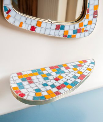 Large Mid-Century Modern Asymmetrical Tile Framed Mosaic Mirror with Wall Shelf, 1950s, Set of 2-BJS-2027001