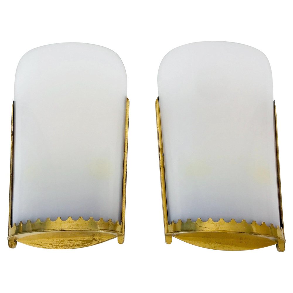 Large Mid-Century Modern Brass and Acrylic Glass Cinema Wall Lamps, 1950s, Set of 2