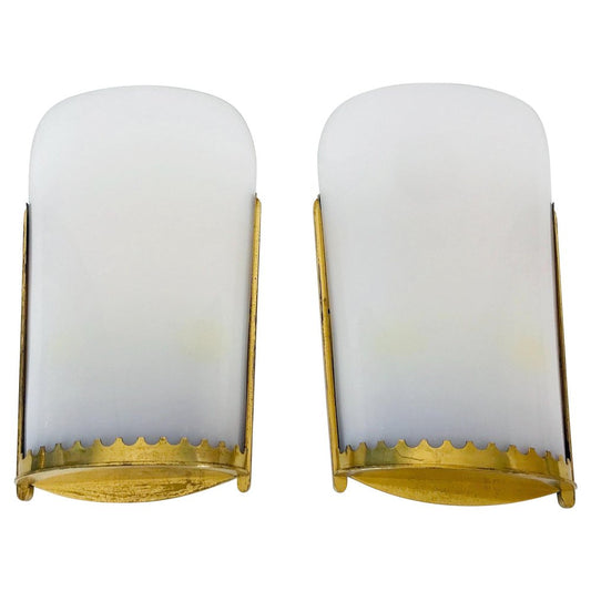 Large Mid-Century Modern Brass and Acrylic Glass Cinema Wall Lamps, 1950s, Set of 2