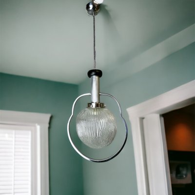 Large Mid-Century Modern Chrome and Textured Glass Globe Hanging Lamp, 1960s-SCS-1802111