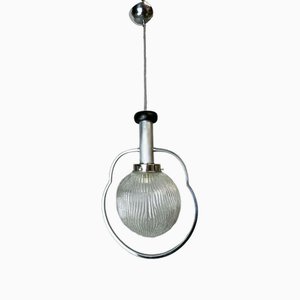 Large Mid-Century Modern Chrome and Textured Glass Globe Hanging Lamp, 1960s-SCS-1802111