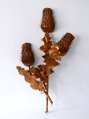 Large Mid-Century Modern Gilt Metal Three Flamed Thistle Flower Sconce, 1960s-WPT-1112851