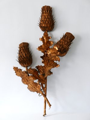 Large Mid-Century Modern Gilt Metal Three Flamed Thistle Flower Sconce, 1960s-WPT-1112851