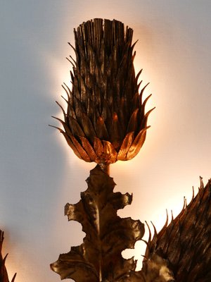 Large Mid-Century Modern Gilt Metal Three Flamed Thistle Flower Sconce, 1960s-WPT-1112851