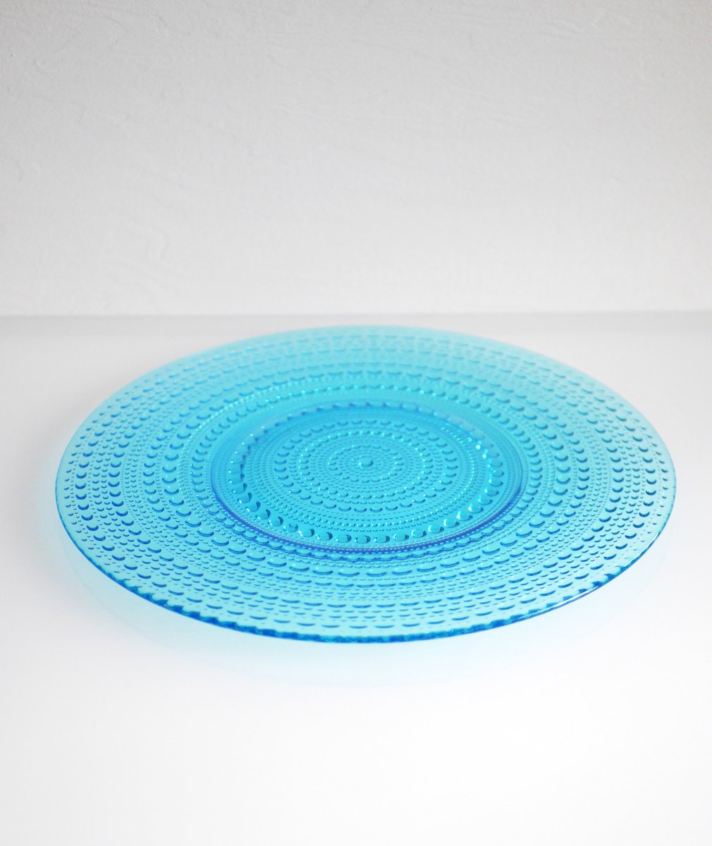 Large Mid-Century Modern Glass Plate in Azur Blue Color by Oiva Toikka Known as Kastehelmi, Italy, 1979