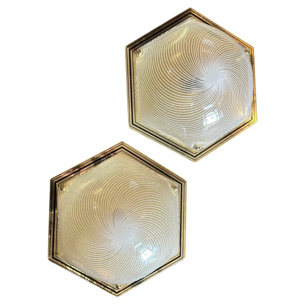 Large Mid-Century Modern Italian Hexagonal Wall Sconces, 1970s, Set of 2