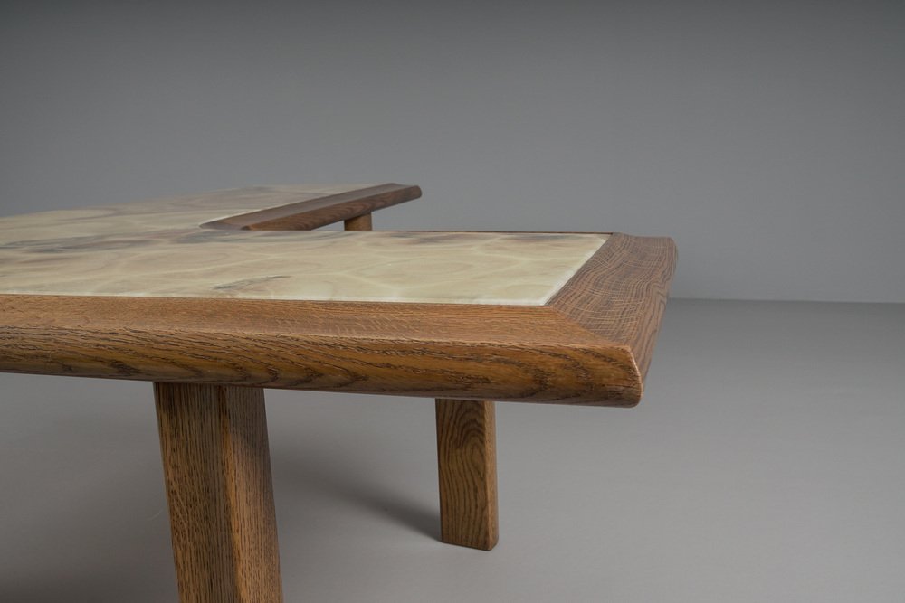 Large Mid-Century Modern Oak and Onyx Boomerang Coffee Table, 1960s