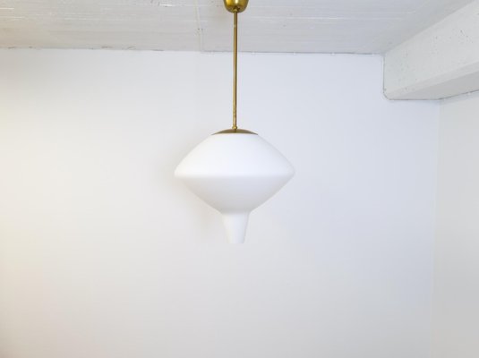 Large Mid-Century Modern Opaline & Brass Pendant from Asea, Sweden, 1940s-UYK-1216765