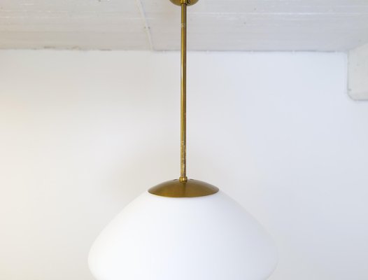 Large Mid-Century Modern Opaline & Brass Pendant from Asea, Sweden, 1940s-UYK-1216765