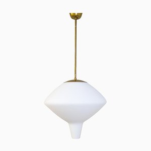 Large Mid-Century Modern Opaline & Brass Pendant from Asea, Sweden, 1940s-UYK-1216765