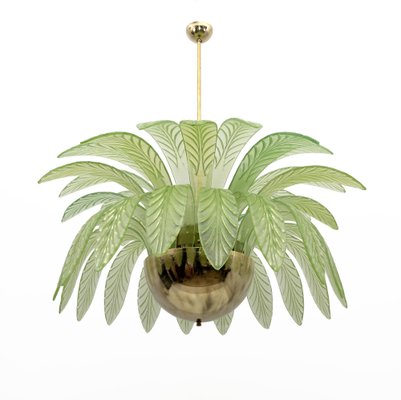 Large Mid-Century Modern Palm Leaf Chandelier in Murano Glass and Brass, 1970s-FER-1798020