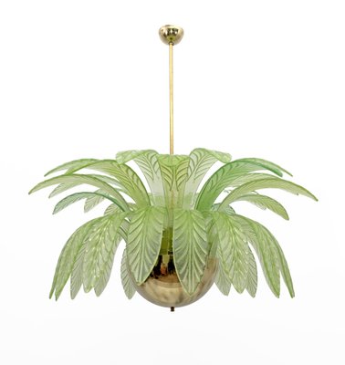 Large Mid-Century Modern Palm Leaf Chandelier in Murano Glass and Brass, 1970s-FER-1798020