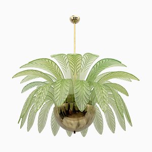 Large Mid-Century Modern Palm Leaf Chandelier in Murano Glass and Brass, 1970s-FER-1798020