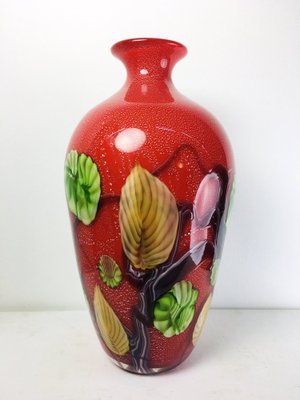 Large Mid-Century Modern Red Murano Glass Vase with Floral Motifs, 1970s-UWE-1779513