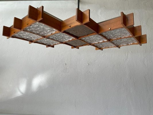 Large Mid-Century Modern Wood and Textured Glass Ceiling Lamp, 1960s-RDS-1146546