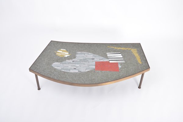 Large Mid-Century Mosaic and Brass Coffee Table by Berthold Müller-Oerlinghausen-FN-1017734