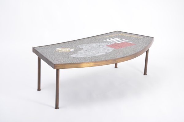 Large Mid-Century Mosaic and Brass Coffee Table by Berthold Müller-Oerlinghausen-FN-1017734