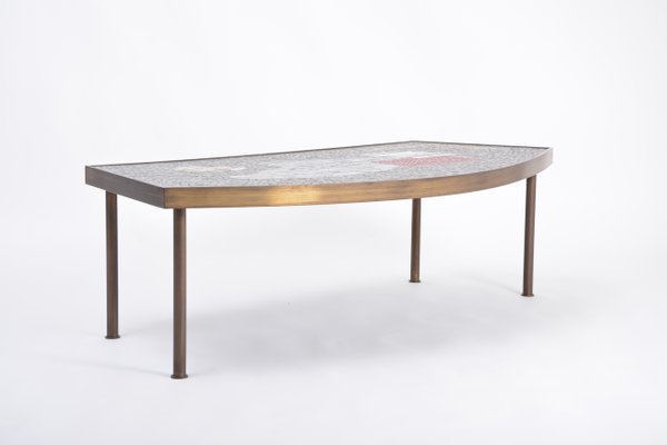 Large Mid-Century Mosaic and Brass Coffee Table by Berthold Müller-Oerlinghausen-FN-1017734