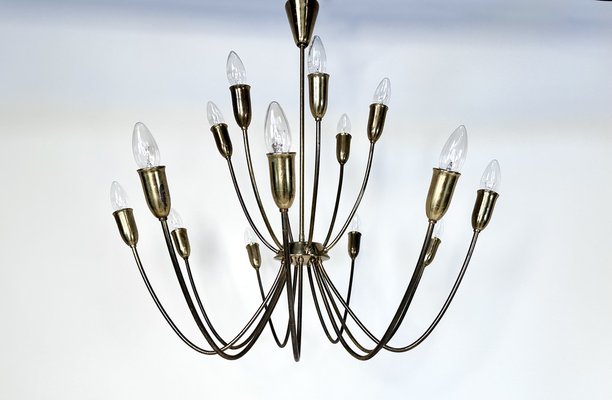 Large Mid-Century Patinated 15-Arm Brass Chandelier, Germany, 1950s-JP-1818702